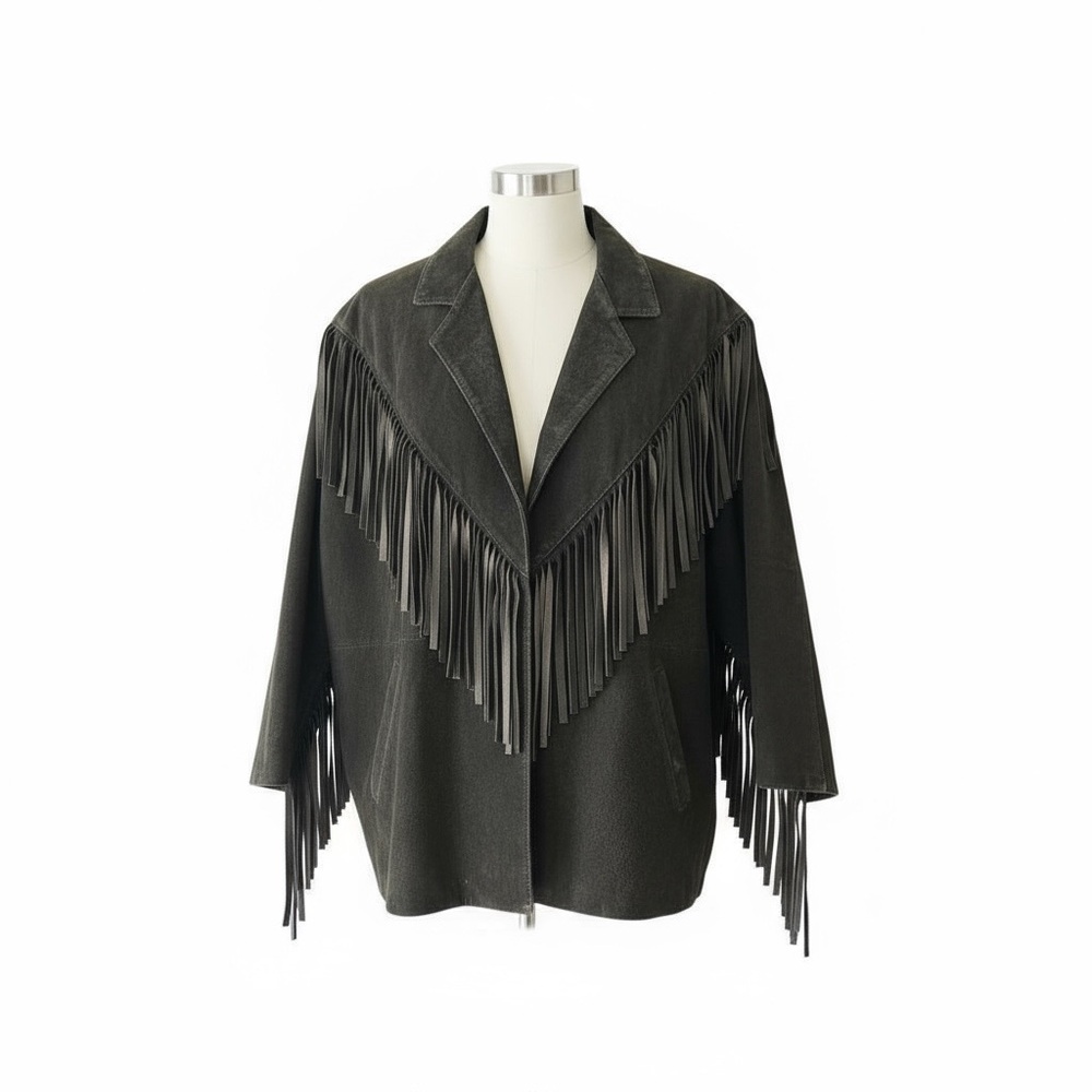 Vintage 1980s Black Suede Jacket with Tassel Fringe Boho Western Apparel